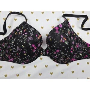 Victoria Secret PINK Floral Black 30DD Wear Everywhere T Shirt Lightly Lined bra